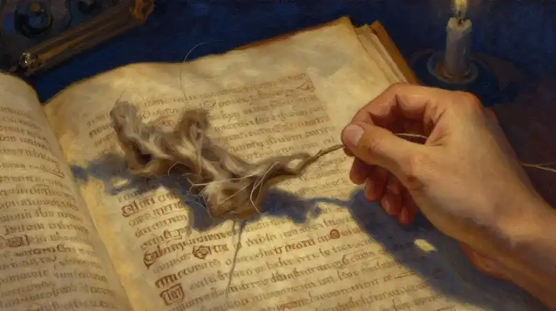 Close-up of medieval textiles and manuscript in moody blue light