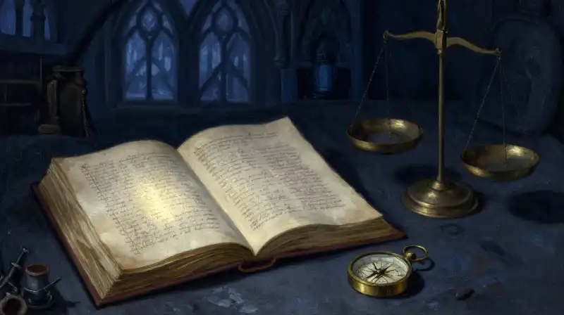 An open manuscript with a compass in moody blue light