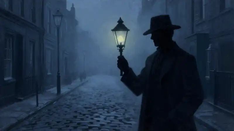 Silhouette of a detective in a foggy Victorian London street