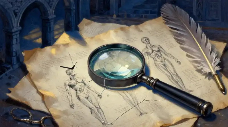 Vintage medical sketches and a magnifying glass in moody blue tones
