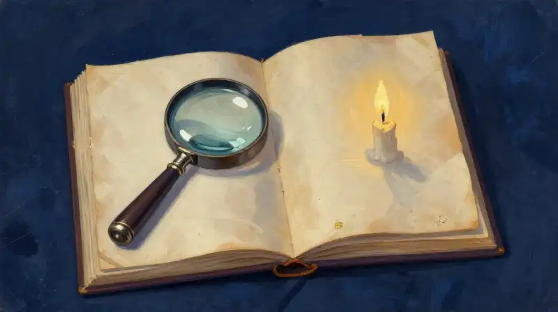 An antique journal and magnifying glass in atmospheric blue lighting