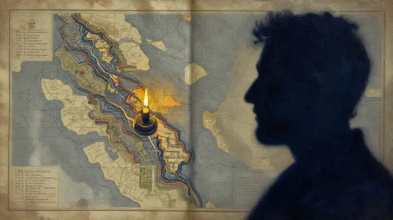 Split composition of a historical map and a shadowy profile in indigo tones