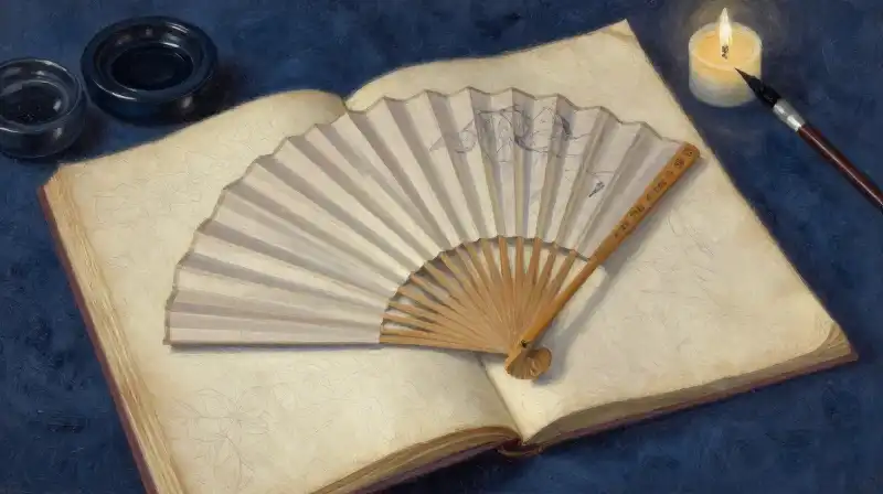 Open manuscript with ink brushes and silk fan in indigo tones