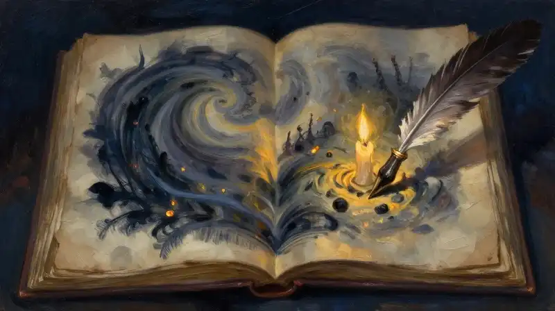 An open historical manuscript dissolving into an atmospheric blue landscape