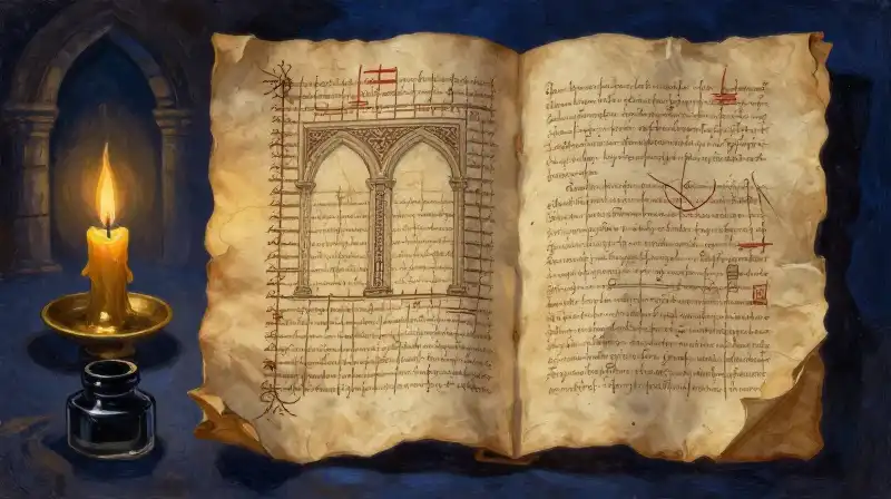 Medieval manuscript and candle in a dark monastery setting