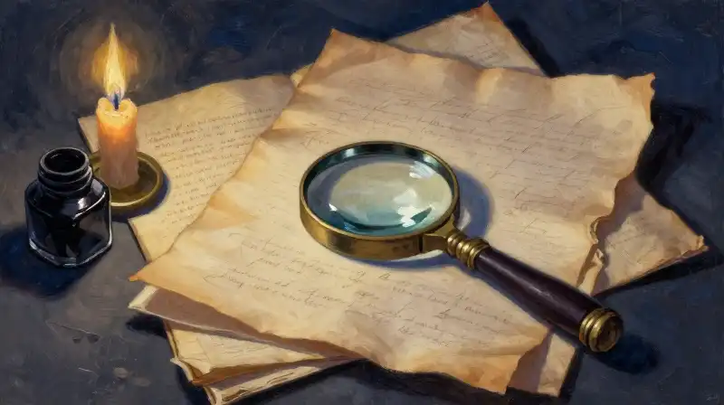 Vintage manuscripts and a magnifying glass in moody blue tones