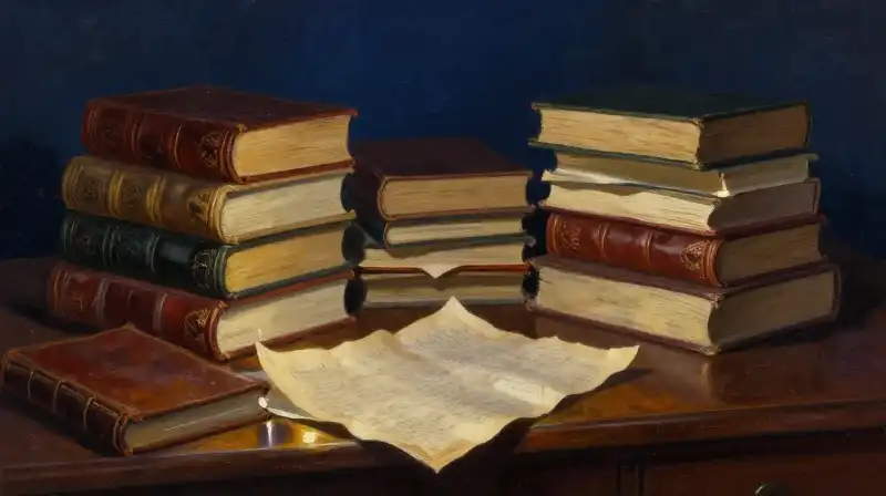 Stacked antique books and manuscripts in moody blue light