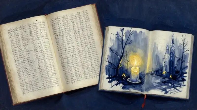 Two different manuscript styles on a dark blue desk