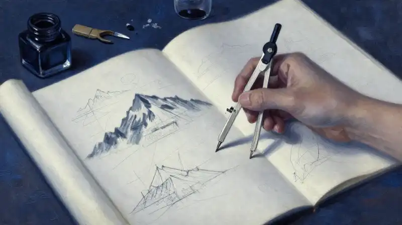 A literary composition of a manuscript and drafting tools in indigo tones