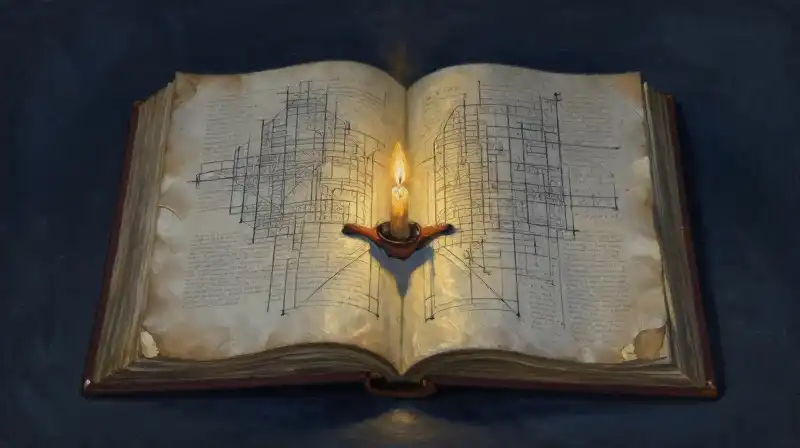 An open manuscript with glowing golden light in deep blue tones