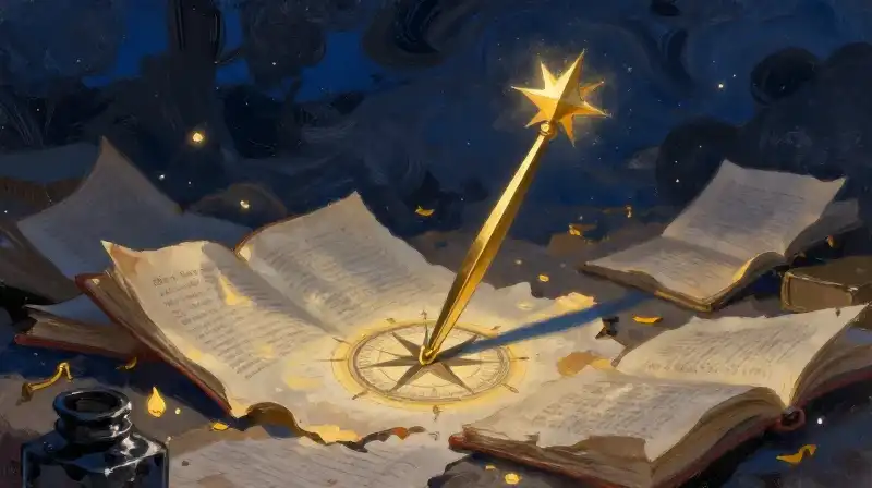 A golden compass guiding a way through dark blue manuscripts