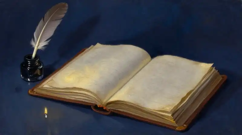 An open manuscript with a quill in moody blue tones