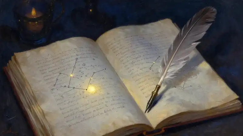 An open manuscript glowing with golden light in a dark blue study