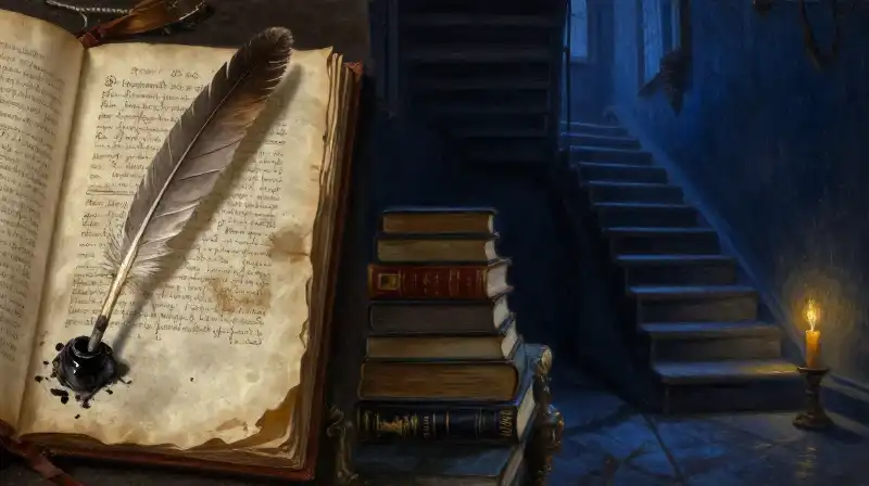 Three-act structure represented by an unfolding manuscript in deep blue tones