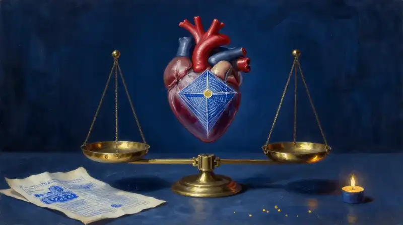 A scale balancing a heart and a geometric blueprint in blue tones