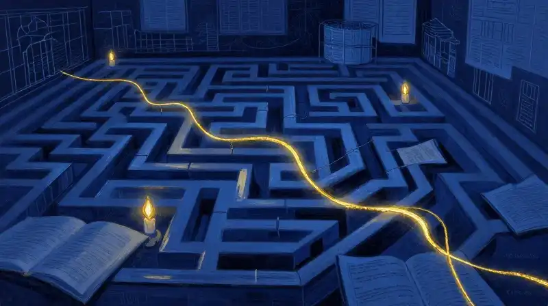 A golden thread weaving through dark blue manuscripts and architectural shapes