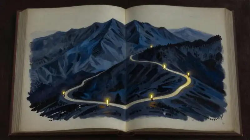 A book opening to a dramatic mountain landscape illustration