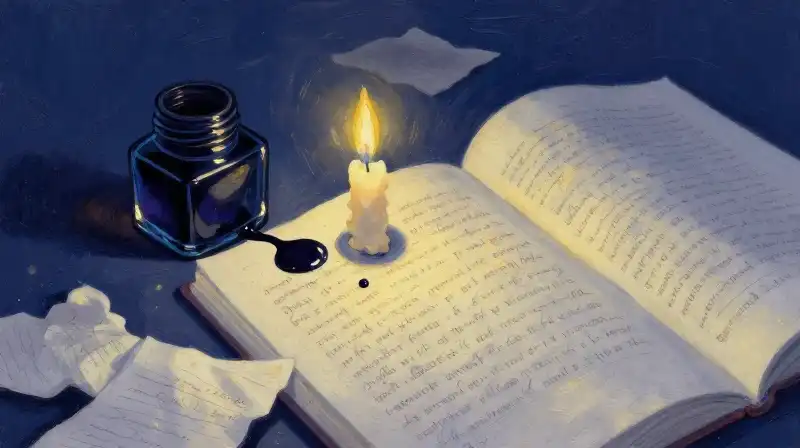 Inkwell and manuscript in moody indigo lighting