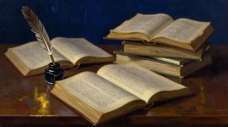 An atmospheric still life of open books and writing tools in indigo tones