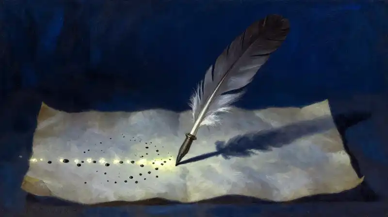 A quill pen writing on parchment in moody indigo light