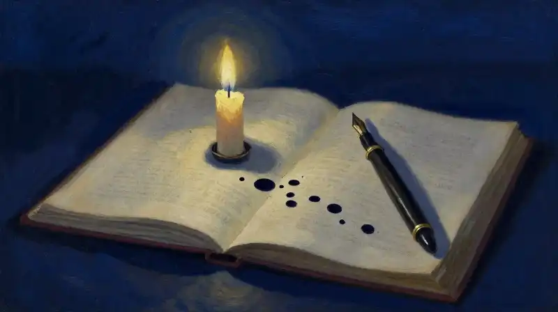 A glowing candle illuminates an open manuscript on a dark blue background