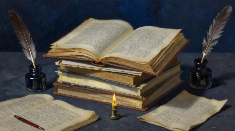Stacked antique journals and inkwells in moody blue lighting