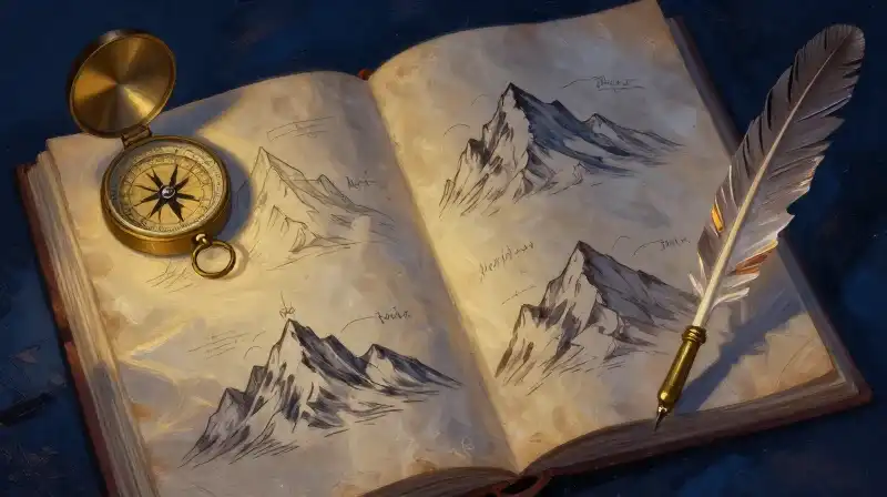 An open manuscript illustrating story structures in indigo and gold tones