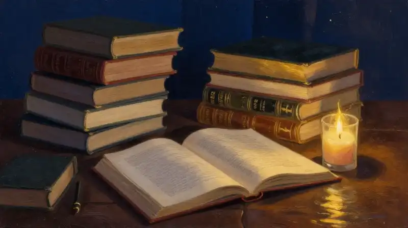 Stacked old books and a glowing candle in moody blue tones