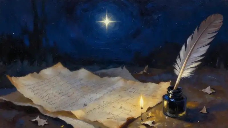 A glowing star guiding scattered manuscript pages in deep blue tones