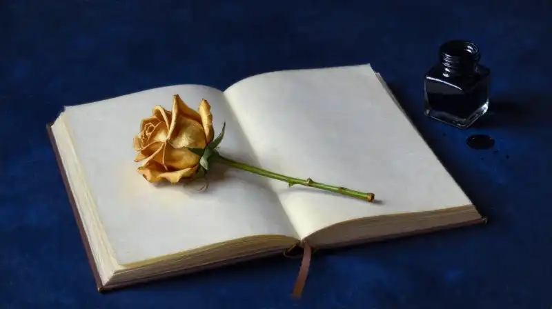 An open journal with a rose amidst deep blue shadows