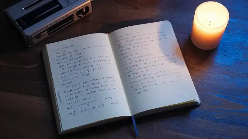 Handwritten journal and vintage tape recorder in moody blue light