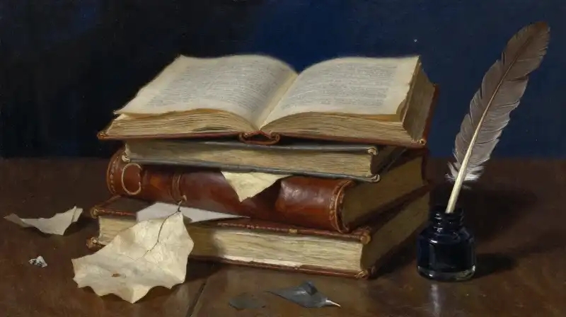 Stacked vintage journals and manuscripts in moody indigo lighting