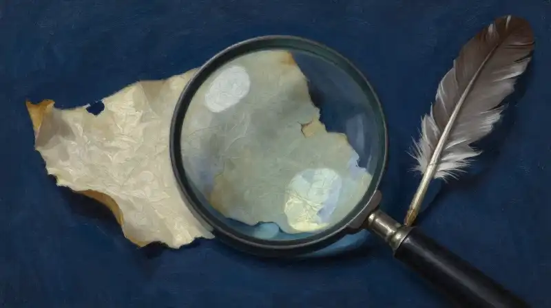 A magnifying glass focusing on a single ink stroke on parchment