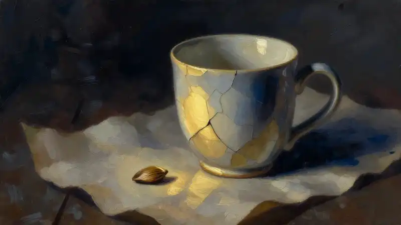 A cracked mug and seed on parchment in deep blue tones