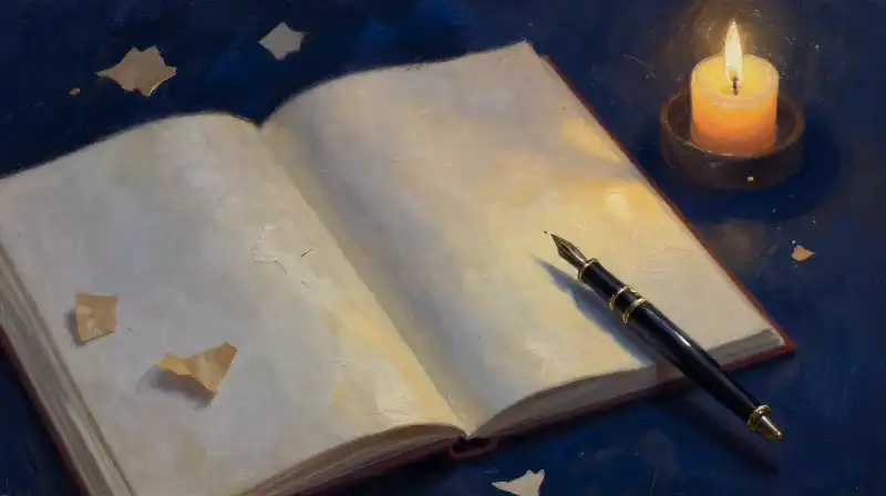 An open manuscript with a fountain pen in moody blue tones