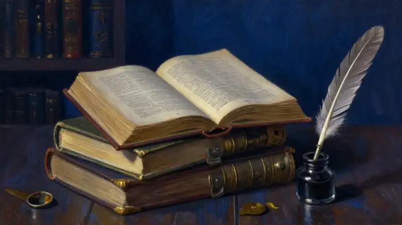 Stacked antique books and a quill in a dim library