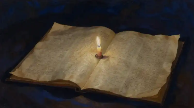 An open book with a single candle illuminating a specific page fragment
