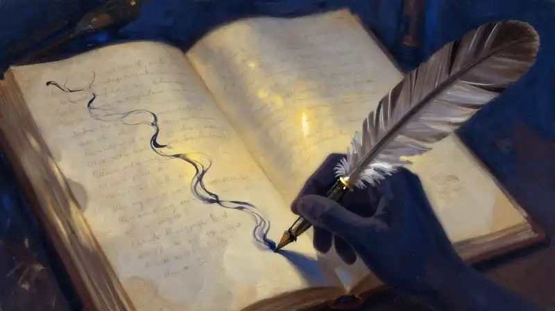 An ink quill writing on an old manuscript in moody blue tones