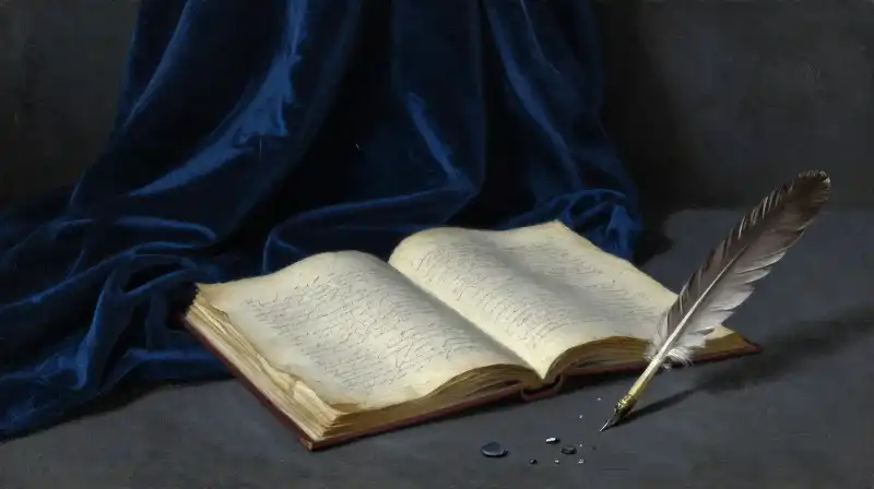 An ink-stained manuscript and broken quill in dark blue tones