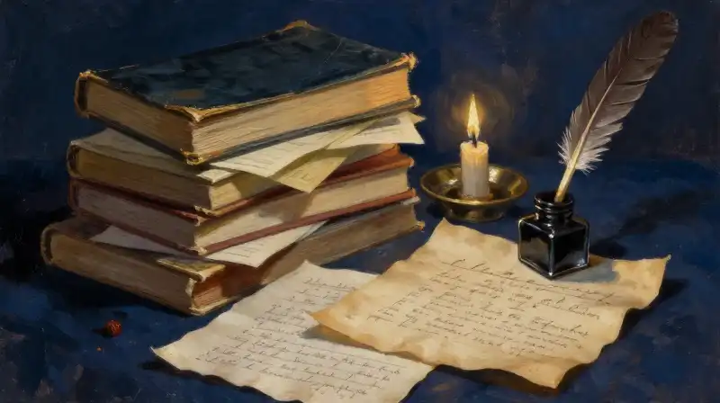 An assortment of old journals and research notes in moody blue tones