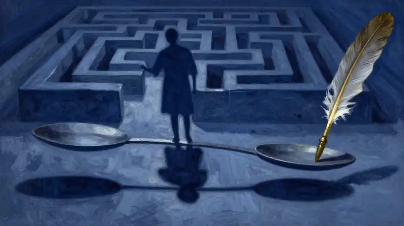 An ink-blue illustration of scales balancing a shadow and a labyrinth
