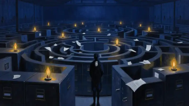 A silhouette wandering through a vast, dark labyrinth of endless corridors