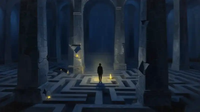A lone figure walking through a dark blue labyrinth of shadows
