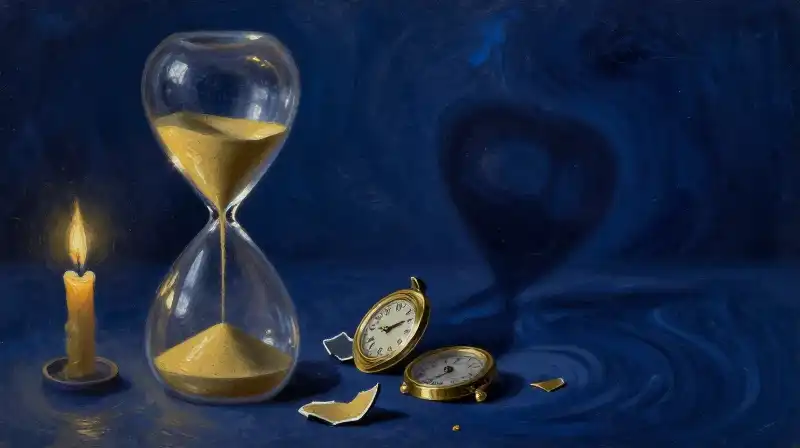 An hourglass dissolving into shadows and golden light