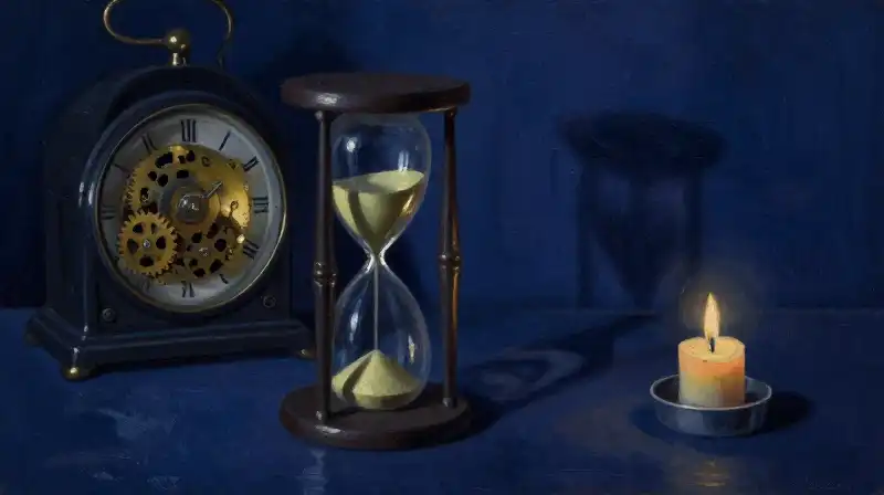 Symbolic hourglass and clockwork in moody indigo tones