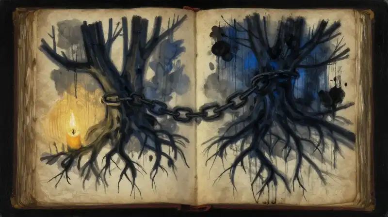 An open manuscript with shadows of history morphing into roots