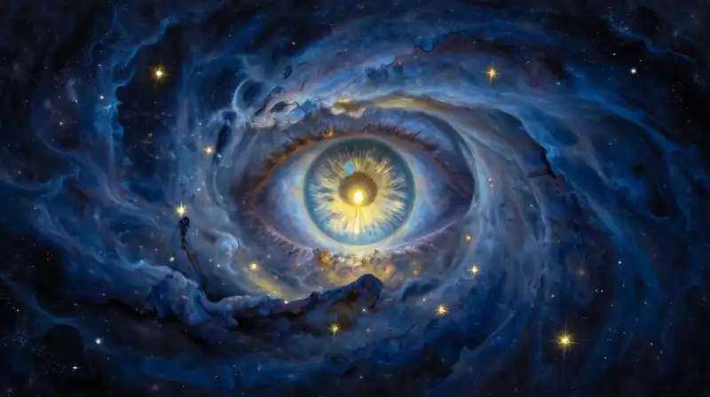 A cosmic nebula merging into a human eye in indigo tones