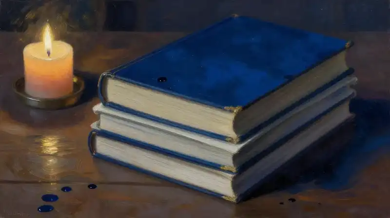 Stack of old books on a dark blue desk with candlelight