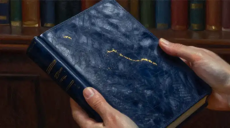 Close-up of hands holding a gold-accented leather book