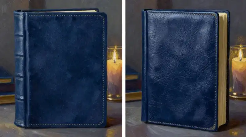 Comparison of casebound and leatherbound vintage books in moody blue tones